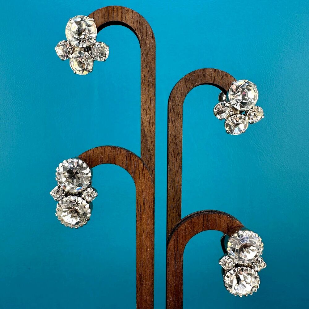 Vintage Rhinestone Earrings Lot Silver Tone Clear Stone Prong Set 1 Signed Coro